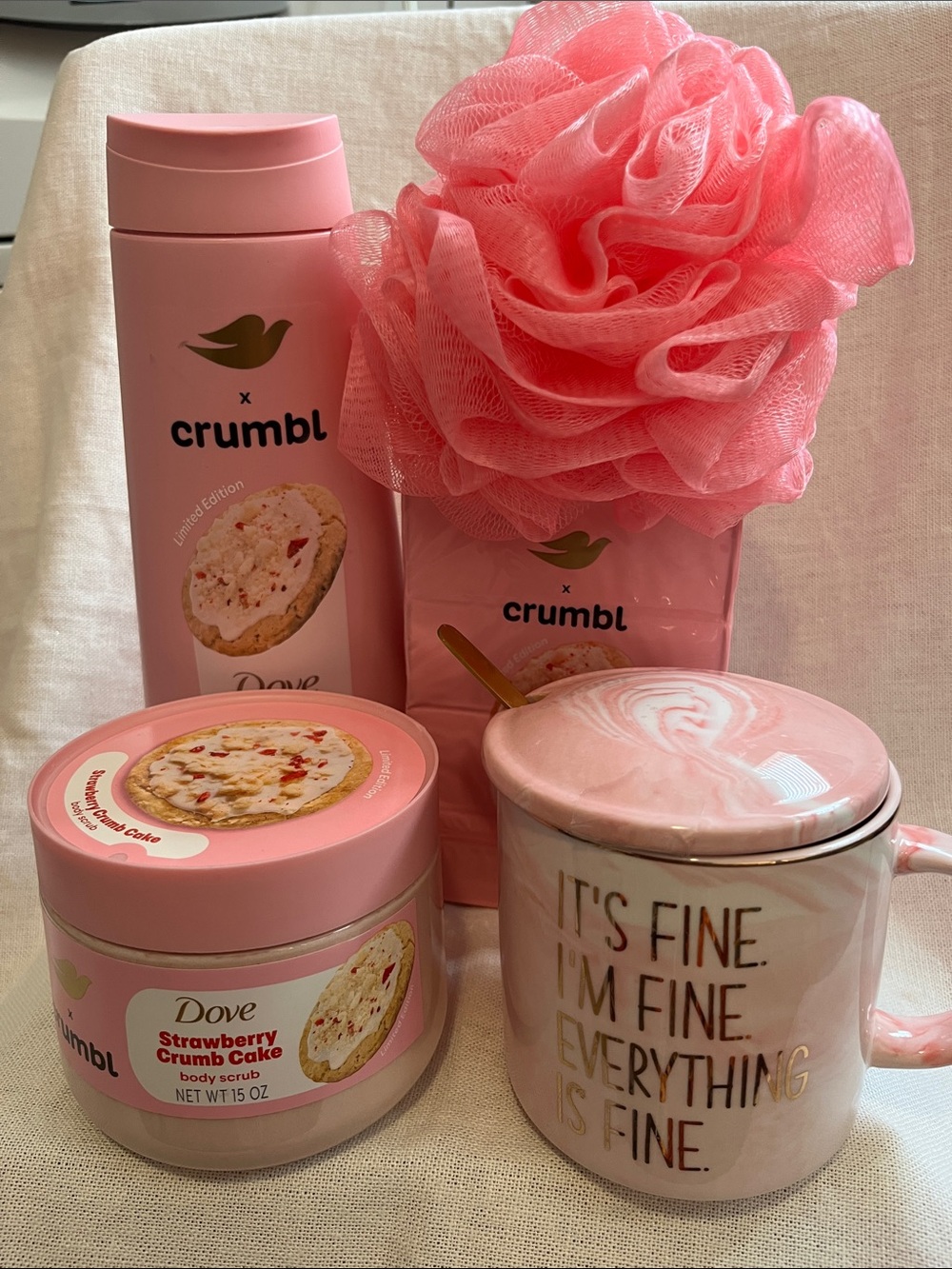 Crumbl x Dove Strawberry Crumb Cake Bath & Relax Bundle in Pink